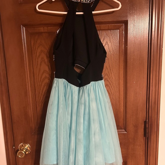 Blondie Nites Black and Light Blue Halter Dress